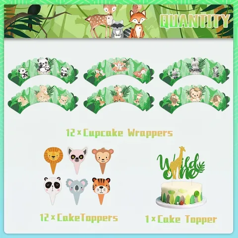 Jungle Animal Theme Party Cake Toppers And Wrappers Set Wild One Birthday Baby Shower Decoration Glitter Paper Decor