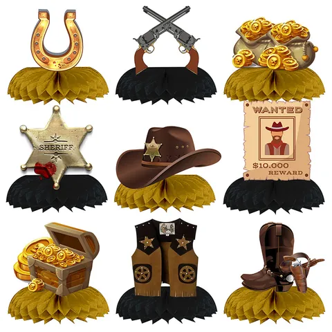 Centrotavola a Nido d'Ape Tema Cowboy Occidentale Decorazioni da Tavola in Carta Retro per Festa di Compleanno