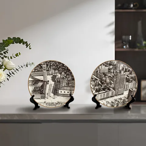 Piatto Decorativo in Ceramica in Stile Italiano Architettura Urbana Porcellana d'Ossa Piatto da Parete Bordo Oro