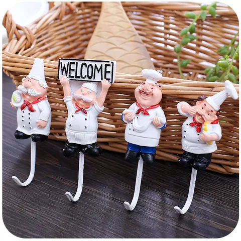 Ganci a Muro in Resina Cartone Animato Chef Autoadesivo Acciaio Inossidabile Gancio Singolo per Cucina Bagno Decorazione Casa 3D Statuette Chef Porta Chiavi