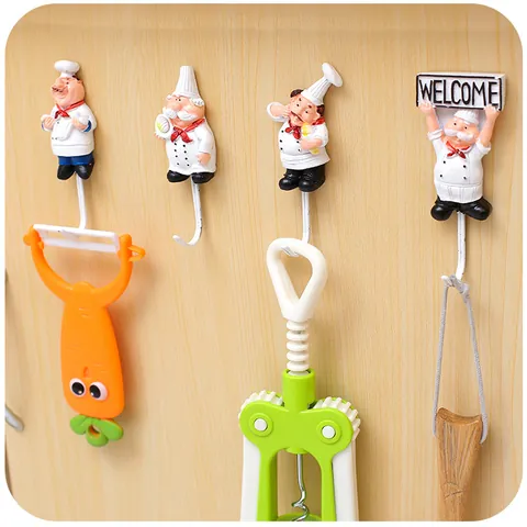 Ganci a Muro in Resina Cartone Animato Chef Autoadesivo Acciaio Inossidabile Gancio Singolo per Cucina Bagno Decorazione Casa 3D Statuette Chef Porta Chiavi