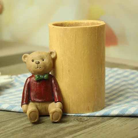 Creative Cartoon Teddy Bear Resin Pen Holder Wood Grain Style Desktop Organizer Pencil Cup Student Office Home Decor Gift
