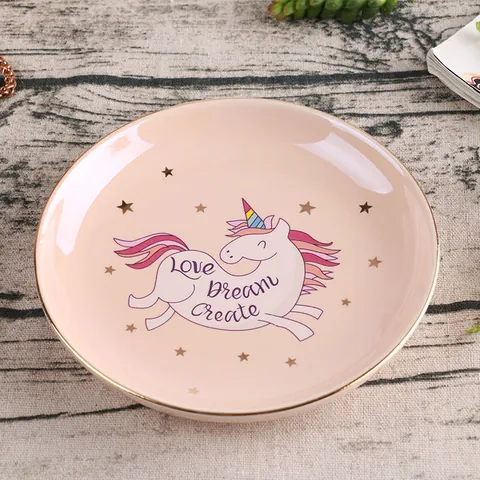 Bandeja de Joyería de Cerámica Unicornio Bordo Dorado Plato Decorativo Redondo Para Anillos Pendientes Almacenamiento