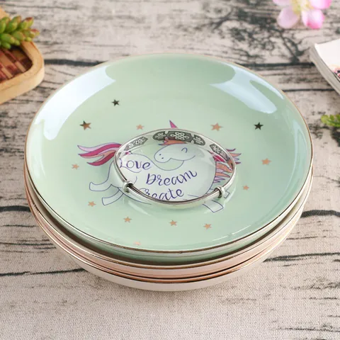 Bandeja de Joyería de Cerámica Unicornio Bordo Dorado Plato Decorativo Redondo Para Anillos Pendientes Almacenamiento