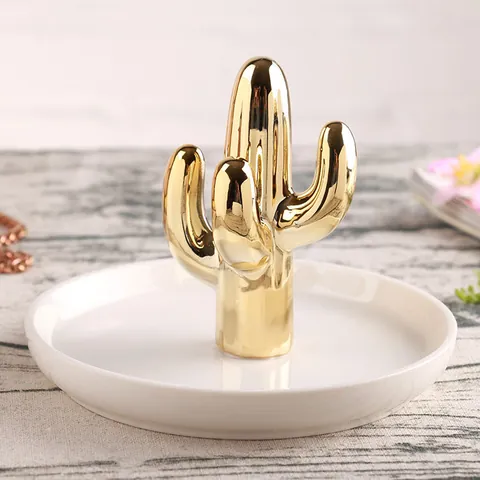 Nordic Ceramic Jewelry Dish Gold Plated Cactus Flamingo Rabbit Shaped Trinket Tray Ring Holder For Earrings Necklace Home Decor