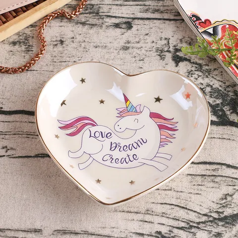 Herzförmiges Einhorn Keramik Schmucktablett Goldrand Schmuckschale Schmuck-Organizer Aufbewahrungsplatte Für Ringe Damen