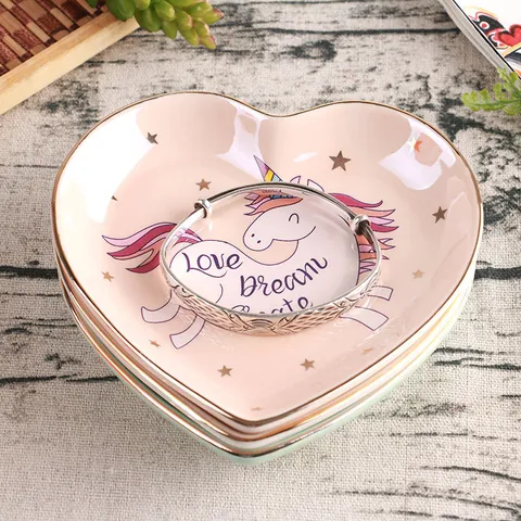 Herzförmiges Einhorn Keramik Schmucktablett Goldrand Schmuckschale Schmuck-Organizer Aufbewahrungsplatte Für Ringe Damen
