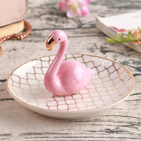 Kreatives Flamingo Keramik Schmucktablett Gold Vergoldet Rosa Flamingo Ringhalter Schmuckschale Dekorative Aufbewahrungsplatte Für Damen