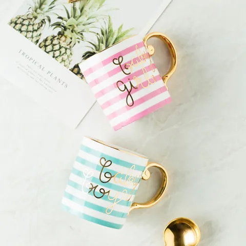 Nordic Creative Ceramic Mug Gold Handle Striped Porcelain Coffee Cup For Couples Valentine Gift Baby Boy Style