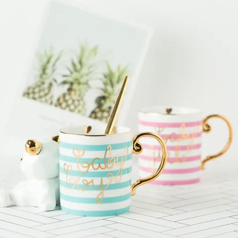 Nordic Creative Ceramic Mug Gold Handle Striped Porcelain Coffee Cup For Couples Valentine Gift Baby Boy Style