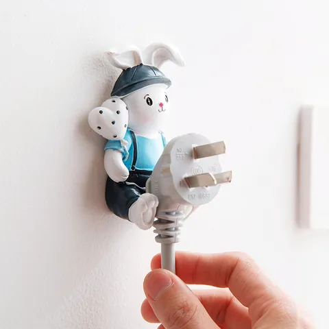 Cartoon Rabbit Resin Plug Holder Wall Mounted Power Cord Organizer Decorative Adhesive Rack For Home Kitchen Office Storage Hook