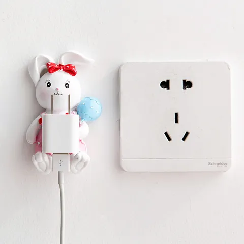 Cartoon Rabbit Resin Plug Holder Wall Mounted Power Cord Organizer Decorative Adhesive Rack For Home Kitchen Office Storage Hook