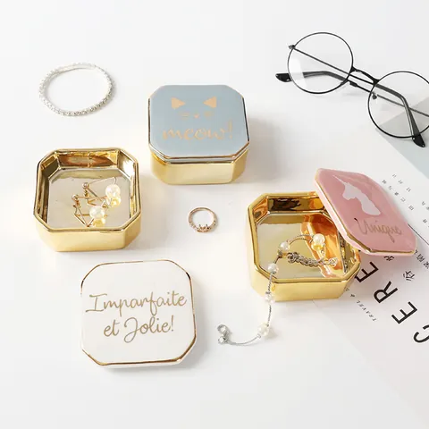 Joyero Nórdico de Cerámica Bañado en Oro Caja Octogonal para Anillos Pendientes Collares Estuche de Almacenamiento Decorativo