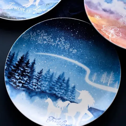 Nordic Starry Sky Unicorn Ceramic Plate Decorative Jewelry Storage Tray Round Snack Cake Dish Bone China Dinnerware