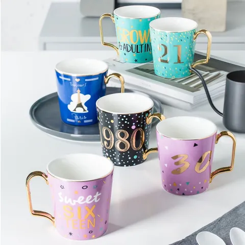 Tazza Creativa in Ceramica Con Stampa Animale Con Manico Dorato Regalo di Compleanno Anniversario Età Tazza da Caffè Tè al Latte per Casa Ufficio
