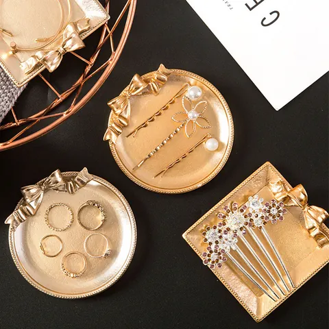 Bandeja de Resina Retro con Lazo para Joyas Nórdica Oro Plata Plato de Baratijas para Pendientes Anillos Decoración de Hogar