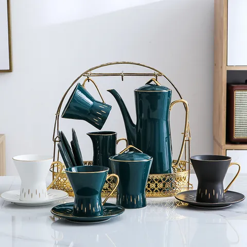 European Luxury Gilded Ceramic Pot Cups Saucers Drinkware Cinched Waist Design Modern Minimalist Home Office Coffee Tea Accessories