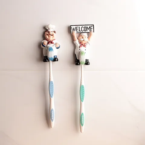 Portaspazzolino a Parete in Cartone Animato Chef Gancio Adesivo in Resina Rack di Stoccaggio Bagno Decorazioni Casa Cucina