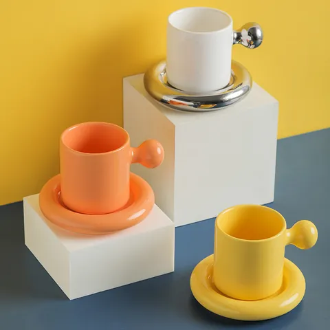 Creative Ceramic Egg Yolk Mug And Saucer Set Modern Ins Style 300ml Glossy Glaze Coffee Cup With Ball Handle For Home Office Gift