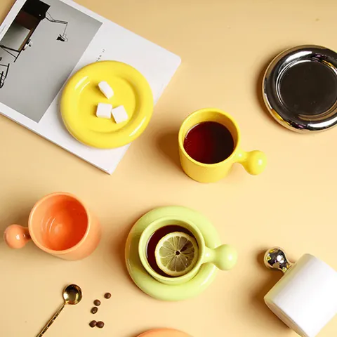 Creative Ceramic Egg Yolk Mug And Saucer Set Modern Ins Style 300ml Glossy Glaze Coffee Cup With Ball Handle For Home Office Gift