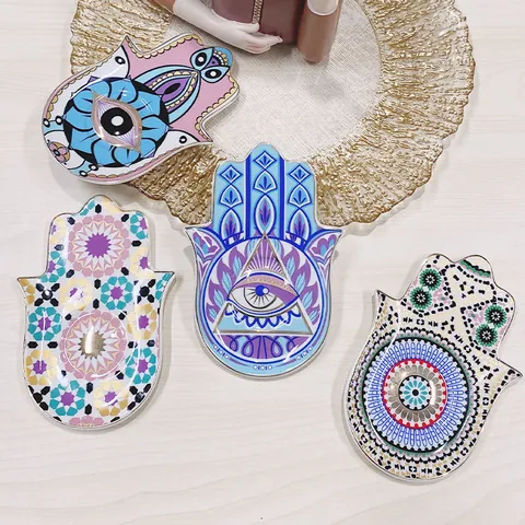 Noordse Hamsa Hand Evil Eye Keramische Sieradenschaal Gouden Rand Mandala Porselein Opbergbord Voor Ringen Kettingen Woondecoratie