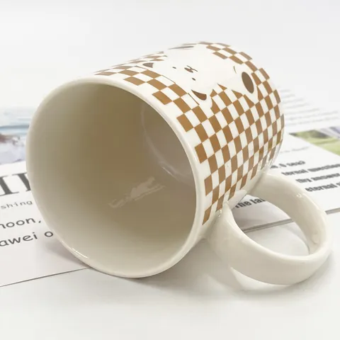 Ins Style Ceramic Mug Cute Cartoon Bear Checkerboard Pattern Breakfast Milk Coffee Cup With Handle Creative Gift Home Office