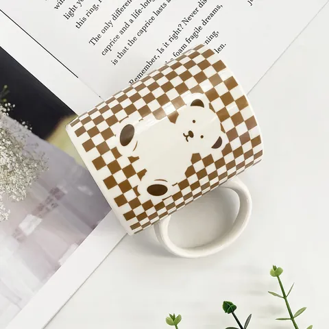 Ins Style Ceramic Mug Cute Cartoon Bear Checkerboard Pattern Breakfast Milk Coffee Cup With Handle Creative Gift Home Office
