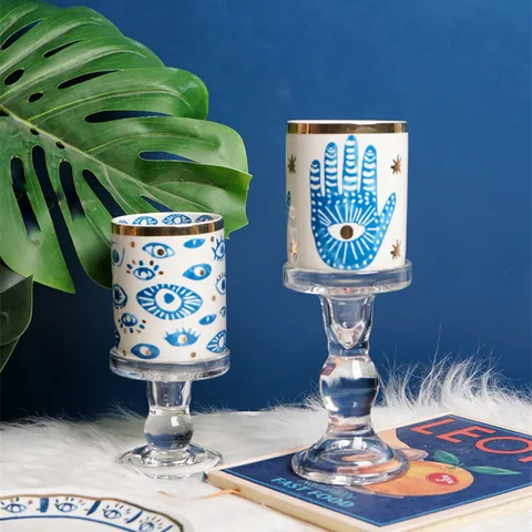 Stoviglie in Ceramica Malocchio Mano di Fatima Blu Bianco Oro Placcato Piatto Tazza Mug Barattolo Arredo Casa Regalo Lusso