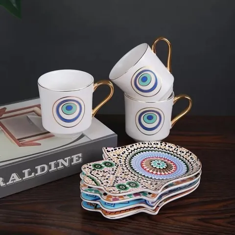 European Ceramic Coffee Cup And Saucer Gold Trim Evil Eye Hamsa Hand Pattern Exotic Afternoon Tea Drinkware Home Gift