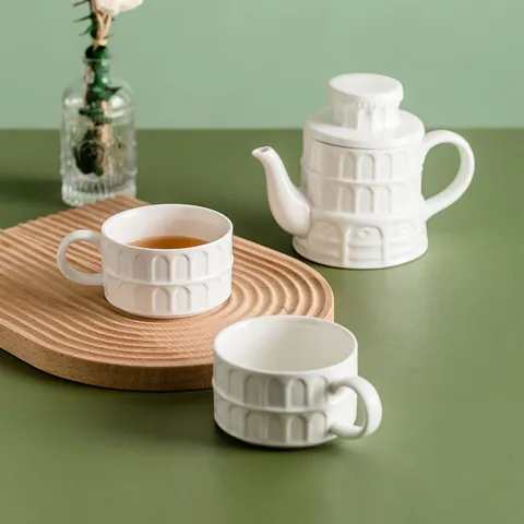 Creativo Servizio da Tè in Ceramica Torre di Pisa Bianco Rilievo Architettonico Teiera e Tazze Casa Ufficio Set Regalo