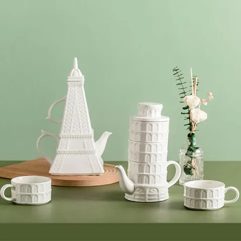 Creativo Servizio da Tè in Ceramica Torre di Pisa Bianco Rilievo Architettonico Teiera e Tazze Casa Ufficio Set Regalo