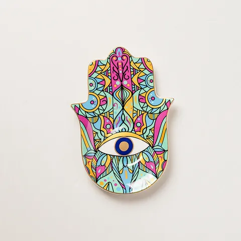 Noordse Hamsa Hand Evil Eye Keramische Sieradenschaal Gouden Rand Mandala Porselein Opbergbord Voor Ringen Kettingen Woondecoratie