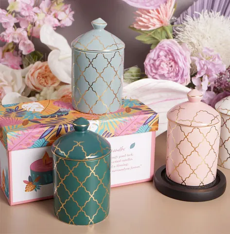 Moderno Barattolo Candela in Ceramica Con Coperchio Motivo Geometrico Quadrifoglio Oro Contenitore Decorativo Casa Regalo