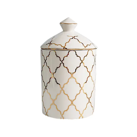 Moderno Barattolo Candela in Ceramica Con Coperchio Motivo Geometrico Quadrifoglio Oro Contenitore Decorativo Casa Regalo