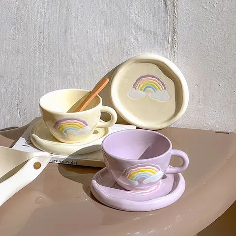 Set Tazza Da Caffè E Piattino In Ceramica Con Arcobaleno 3D Nuvola In Rilievo 250ml Mug Colore Macaron Per Tè Pomeridiano Regalo