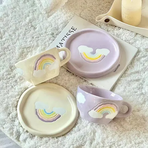 Set Tazza Da Caffè E Piattino In Ceramica Con Arcobaleno 3D Nuvola In Rilievo 250ml Mug Colore Macaron Per Tè Pomeridiano Regalo