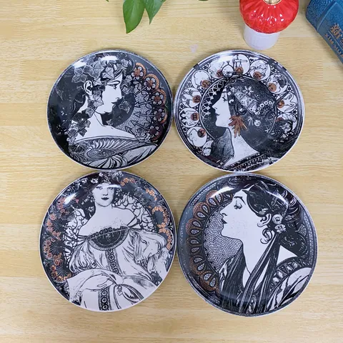 Vintage Jugendstil Mucha Stijl Keramiek Decoratief Muurbord 8 Inch Rond Gezicht Portret Porselein Bord Huis Kantoor Wanddecoratie