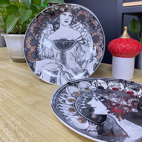 Vintage Jugendstil Mucha Stijl Keramiek Decoratief Muurbord 8 Inch Rond Gezicht Portret Porselein Bord Huis Kantoor Wanddecoratie