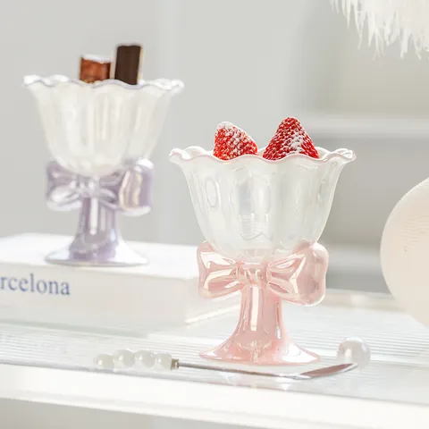Vintage Bowknot Ceramic Ice Cream Cup Artificial Pearl Glaze Scalloped Edge Dessert Bowl Creative Flower Goblet Mug Home Decoration