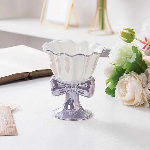 Ceramic Bow Goblet Ice Cream Cup Artificial Pearl Glaze Scalloped Rim Dessert Bowl Delicate Aesthetic Elegant Tableware