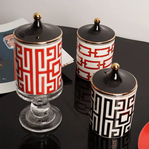 Bocal à Bougie Parfumée en Céramique de Luxe Avec Couvercle Bordure Dorée Motif Méandre Géométrique Chaîne Bocal de Rangement Décoratif