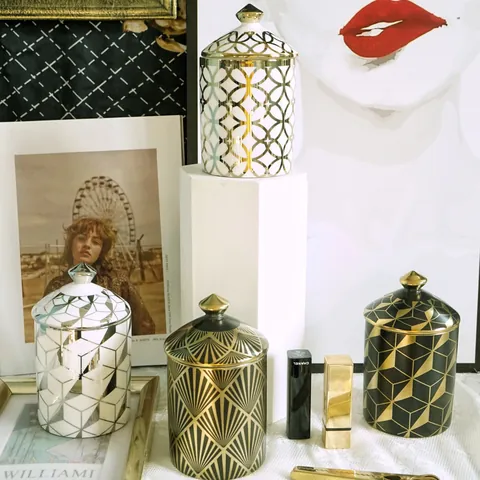 Nordic Art Deco Ceramic Storage Jar With Lid Geometric Gold Silver Pattern Candle Jar For Jewelry Storage Home Decor Gift