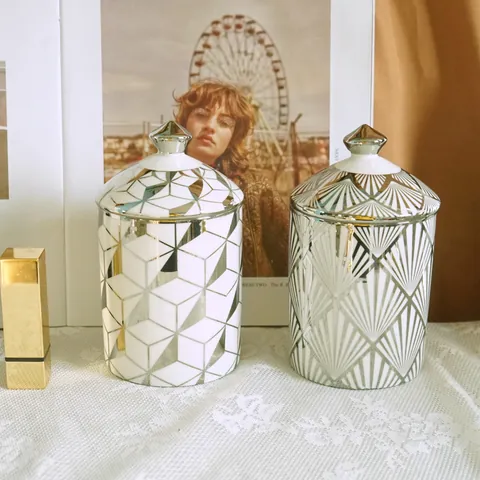 Nordic Art Deco Ceramic Storage Jar With Lid Geometric Gold Silver Pattern Candle Jar For Jewelry Storage Home Decor Gift