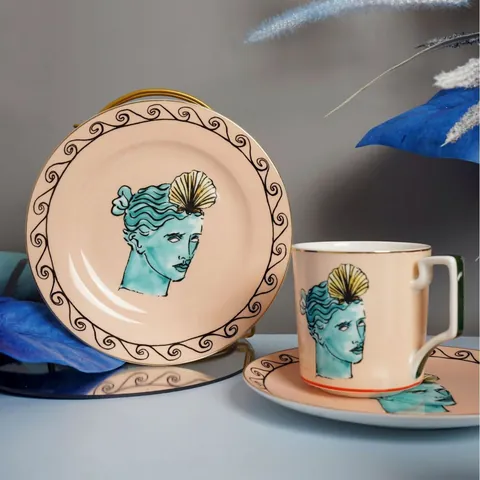 Mug in Ceramica Bone China Nettuno Ritratto Classico Retro Bordo Dorato Tavola Decorativa Piatto da Bistecca Dolce Casa