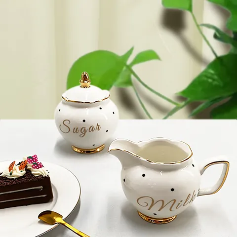 Nordic Luxury Ceramic Sugar Bowl And Milk Pitcher Gold Rimmed Porcelain Creamer Jar With Dots Heart Pattern For Coffee Tea