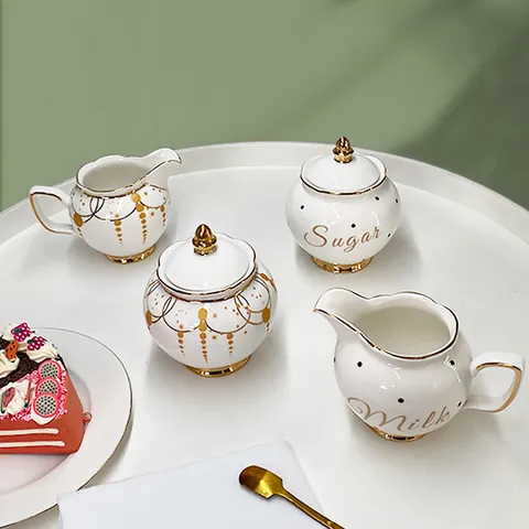 Nordic Luxury Ceramic Sugar Bowl And Milk Pitcher Gold Rimmed Porcelain Creamer Jar With Dots Heart Pattern For Coffee Tea