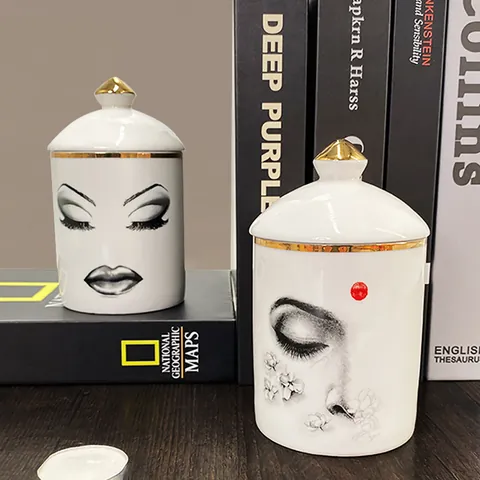 Bocal de Rangement en Céramique Artistique Avec Couvercle Bordure Dorée Portrait Oeil Décoratif Porte Bougie Parfumée Maison