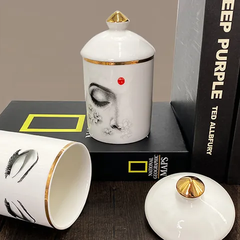 Bocal de Rangement en Céramique Artistique Avec Couvercle Bordure Dorée Portrait Oeil Décoratif Porte Bougie Parfumée Maison