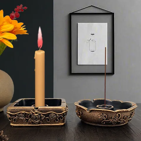 French Vintage Gold Resin Candle Holder Rose Relief Incense Burner Ashtray Classical European Decorative Tray For Home Photography