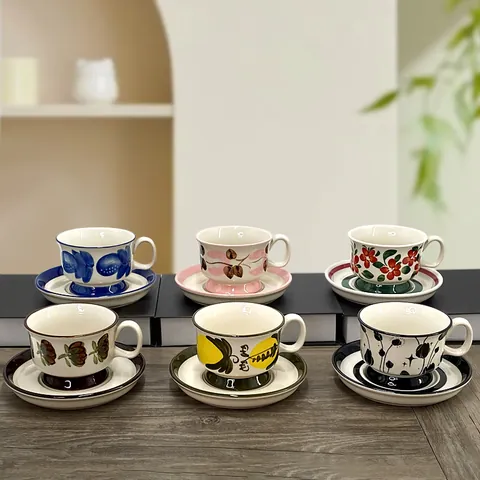 Vintage Nordic Style Ceramic Coffee Cup And Saucer Set Hand-painted Underglaze Botanical Flower Afternoon Tea Mug For Home Kitchen